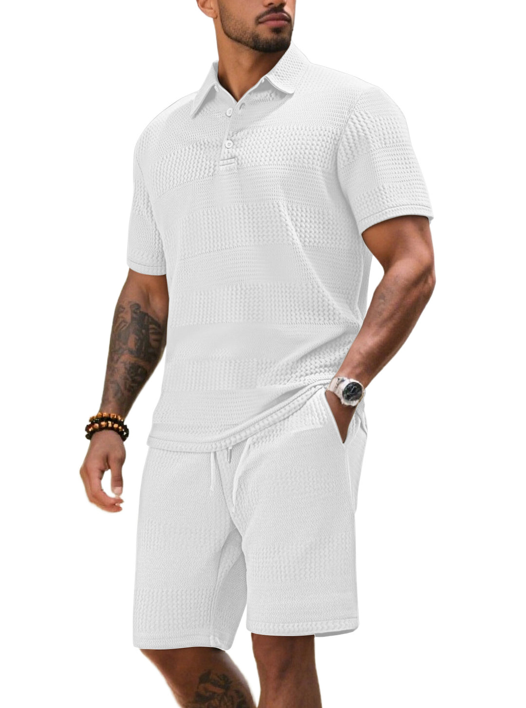 Herren Freizeitanzug mit strukturiertem Poloshirt und kurzen Hosen Aliams