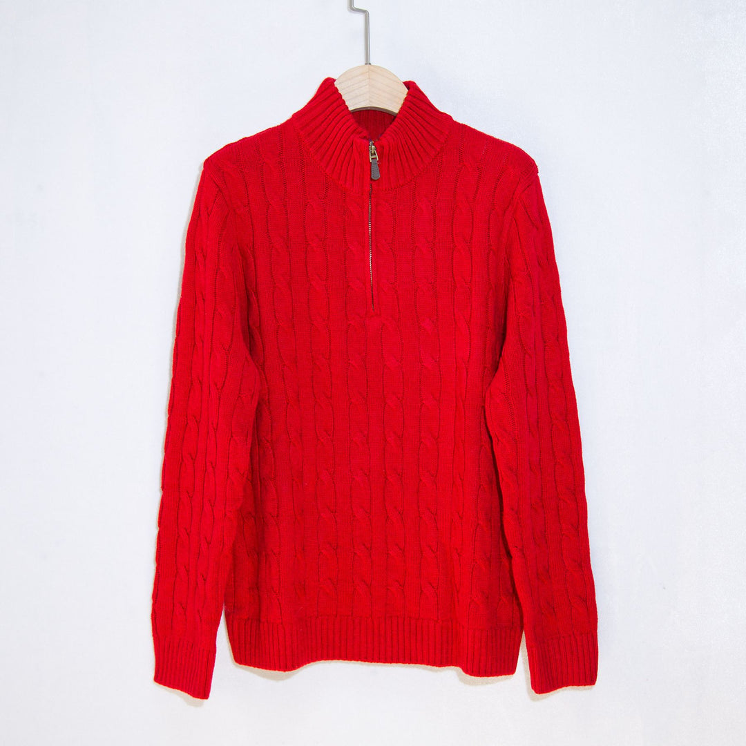 Herren eleganter Strickpullover mit halbem Reißverschluss und Zopfstrickmuster Aliams