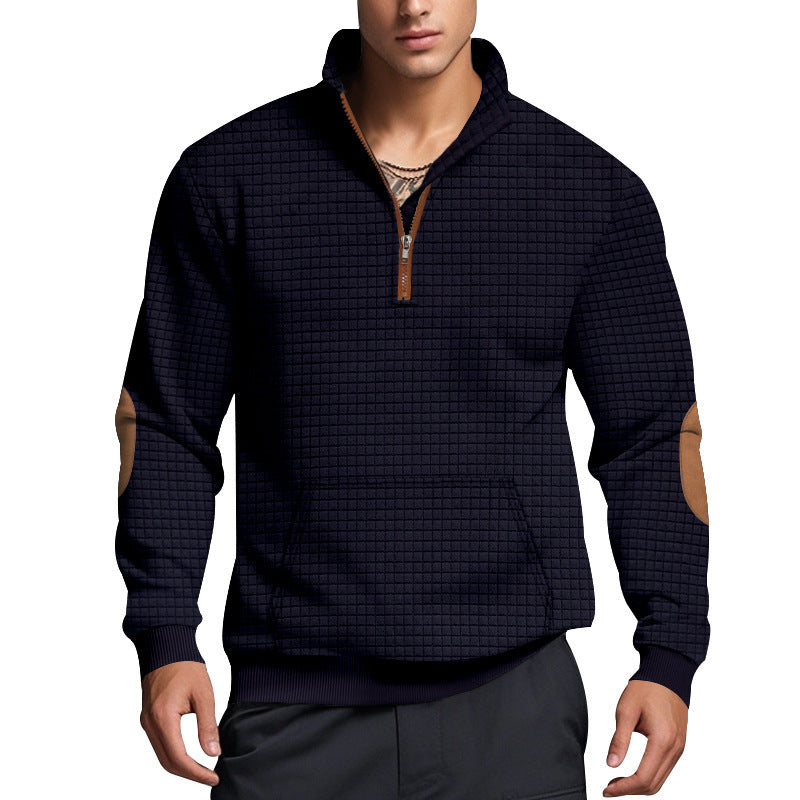 Herren sportlicher Fleece-Pullover mit halbem Reißverschluss und eleganten Ellbogen-Patches Aliams