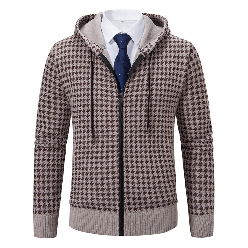 Herren gemütlicher Strickpullover mit modernem Karomuster und Kapuze Aliams