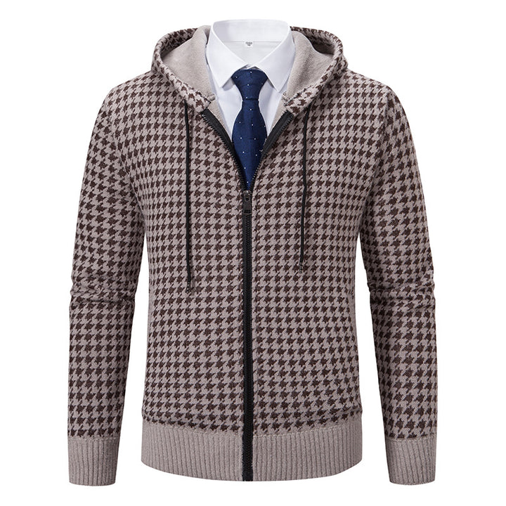 Herren gemütlicher Strickpullover mit modernem Karomuster und Kapuze Aliams