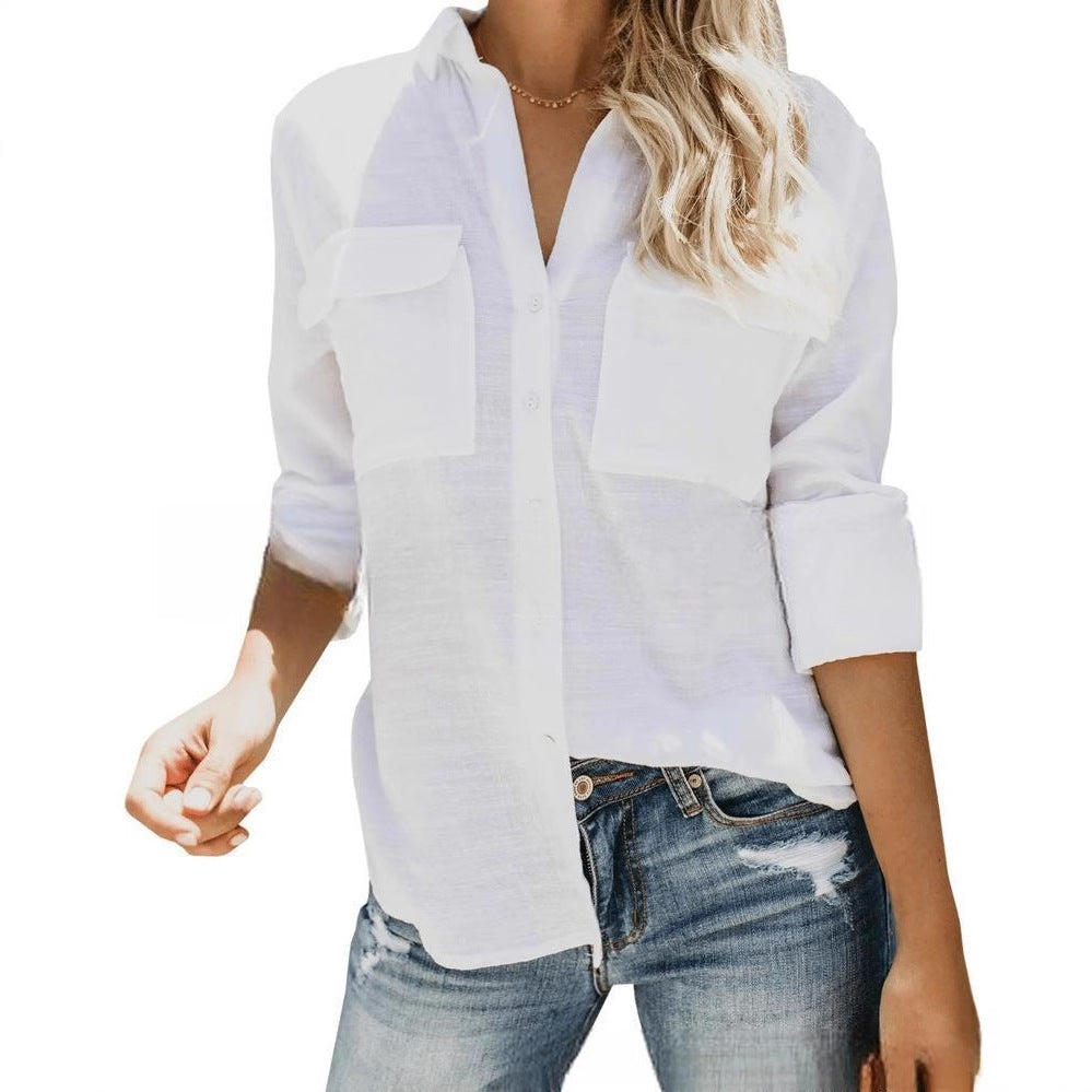 Damen leichte Sommerbluse mit zwei Brusttaschen und aufgerollten Ärmeln Aliams