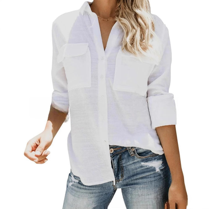 Damen leichte Sommerbluse mit zwei Brusttaschen und aufgerollten Ärmeln Aliams