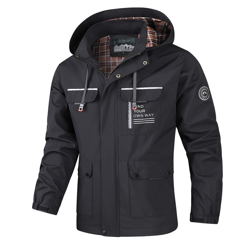 Herren wetterfeste Abenteuerjacke mit Kapuze und multifunktionalen Taschen Aliams