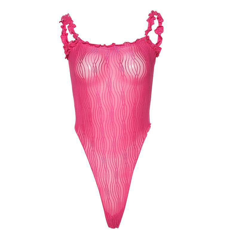 Damen Einteiliger Badeanzug mit Rüschendetails und feinem Wellenmuster Aliams