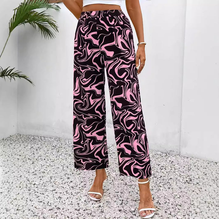 Damen Weite Palazzo-Hose mit Modernem Marmorprint und Elastischem Bund Aliams