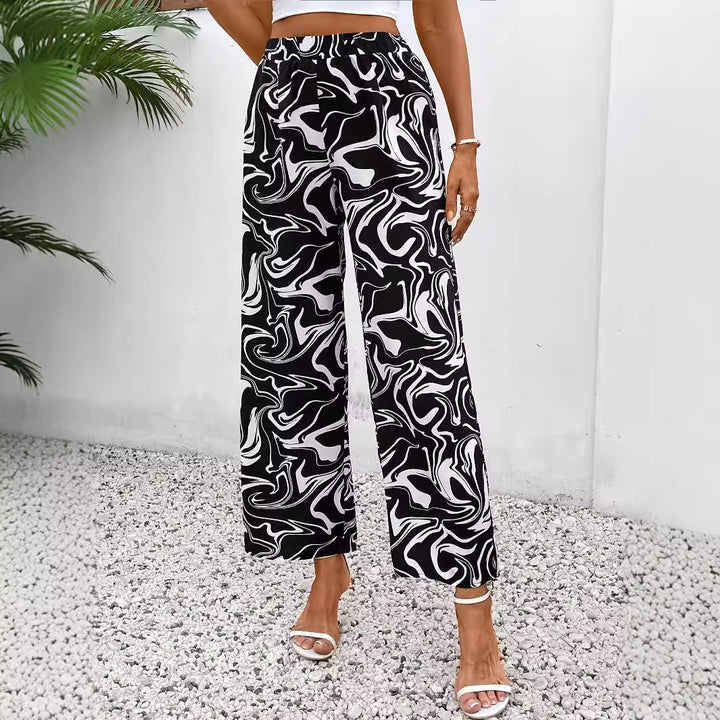 Damen Weite Palazzo-Hose mit Modernem Marmorprint und Elastischem Bund Aliams