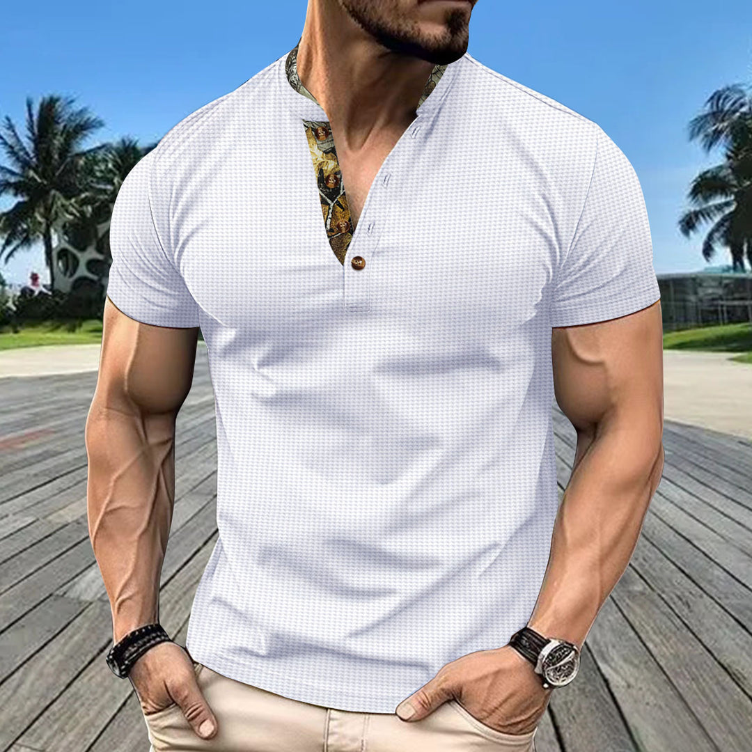 Herren Kurzarm-Hemd mit kreativem Kragen und strukturiertem Muster Aliams