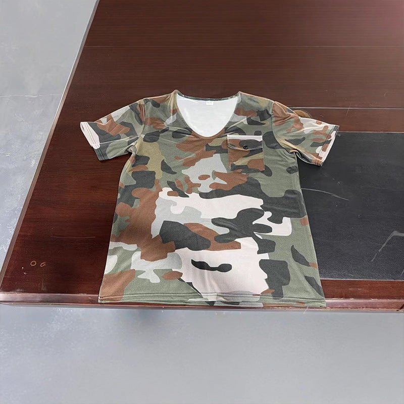 Herren V-Ausschnitt T-Shirt mit Brusttasche und modernem Camouflage-Muster Aliams