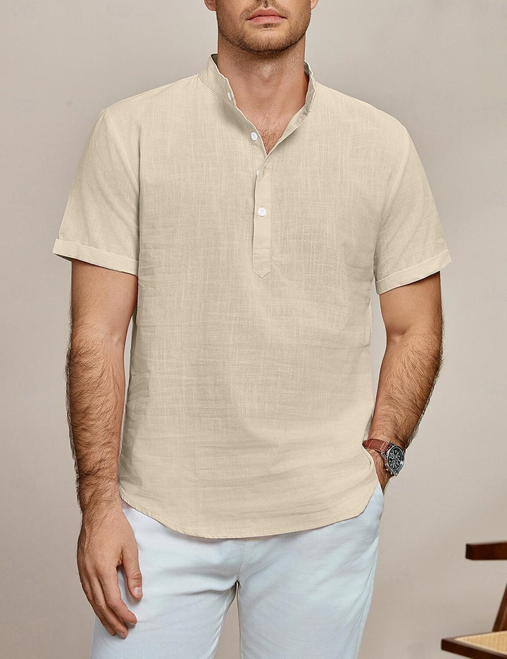 Herren Kurzarm Leinenhemd mit Stehkragen Aliams