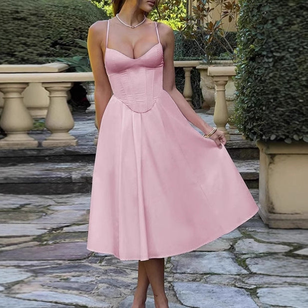 Damen Elegantes A-Linien Midi-Kleid mit Spaghettiträgern und weichem Stoff Aliams