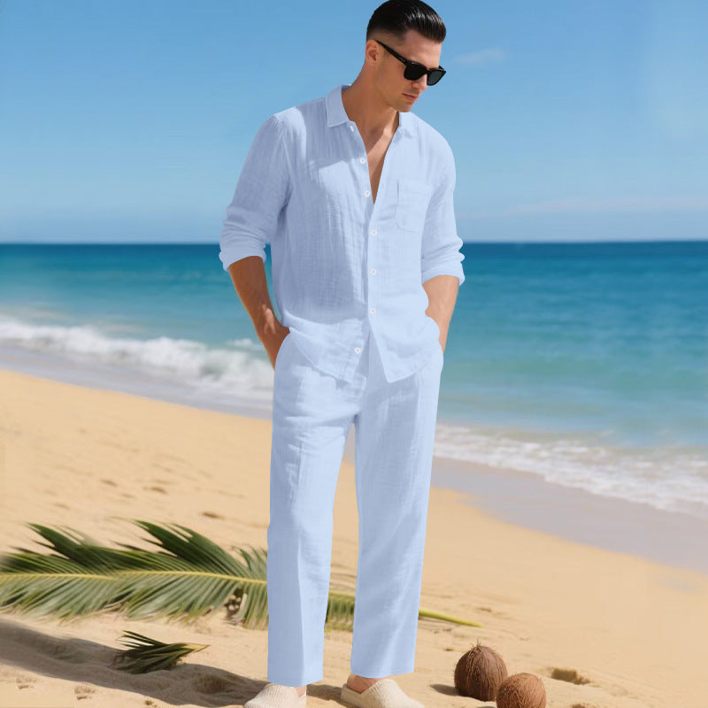 Herren leichtes Leinen-Outfit mit stilvollem Hemd und eleganter Hose Aliams