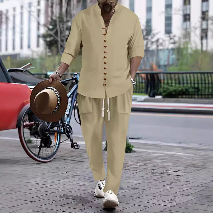 Herren Freizeit-Button-Up-Hemd und entspannt geschnittene Hose Set Aliams