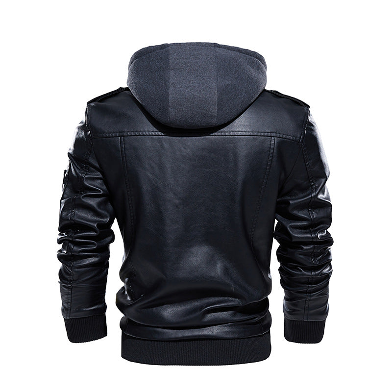 Herren Stilvolle und bequeme Lederjacke mit abnehmbarer Kapuze Aliams
