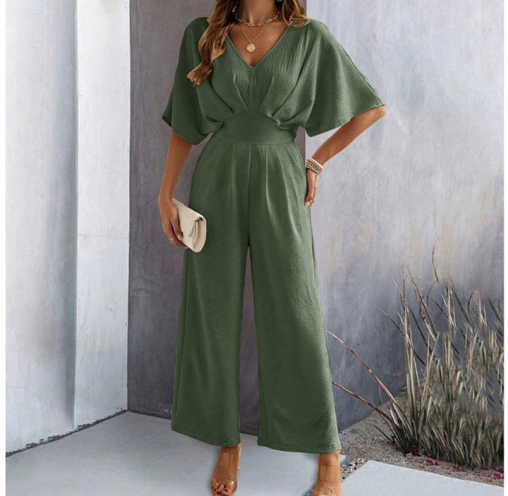 Damen Weit Geschnittener Jumpsuit mit Eleganten Drapierungen und V-Ausschnitt Aliams