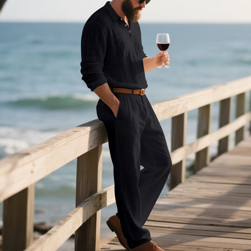 Herren eleganter Freizeit-Jumpsuit mit praktischen Taschen und stylischem Henley-Ausschnitt Aliams