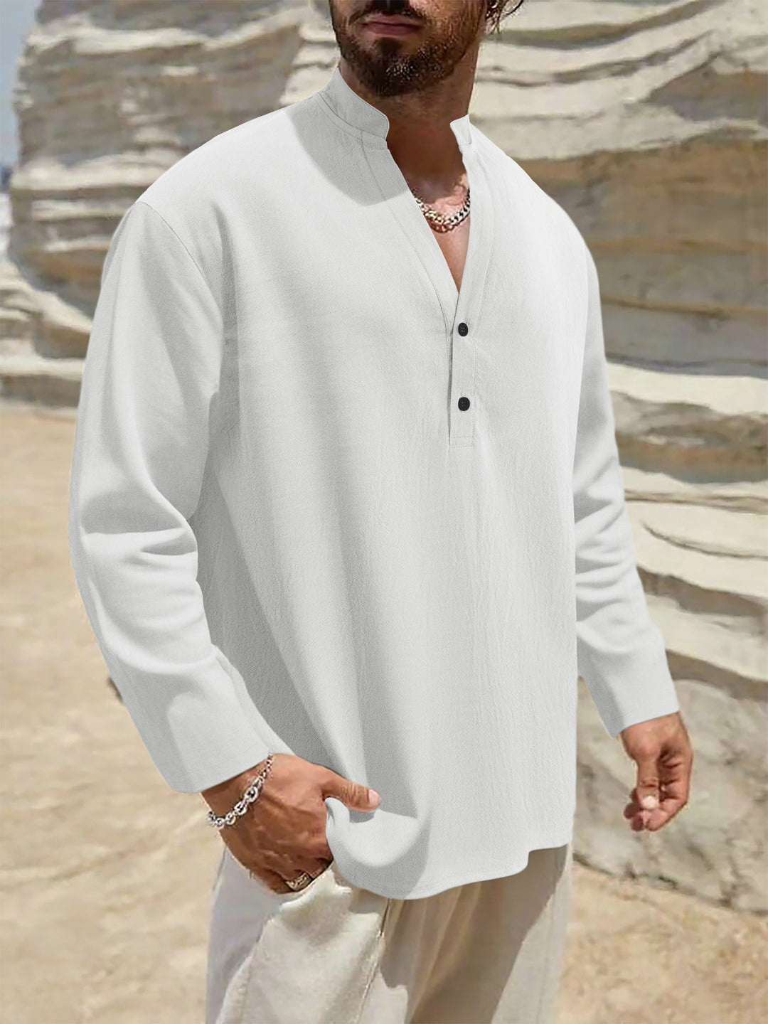 Herren komfortables Langarmhemd mit Stehkragen und Knopfdetails Aliams