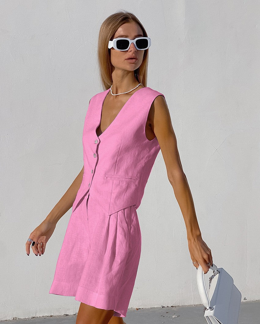 Damen luftiges Leinen-Set mit ärmellosem Blazer und Shorts Aliams