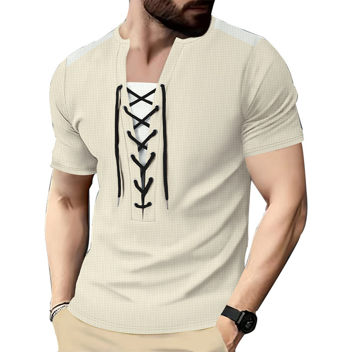 Herren Kurzarm-Henley-T-Shirt mit dekorativen Schnürdetails und atmungsaktiver Struktur Aliams