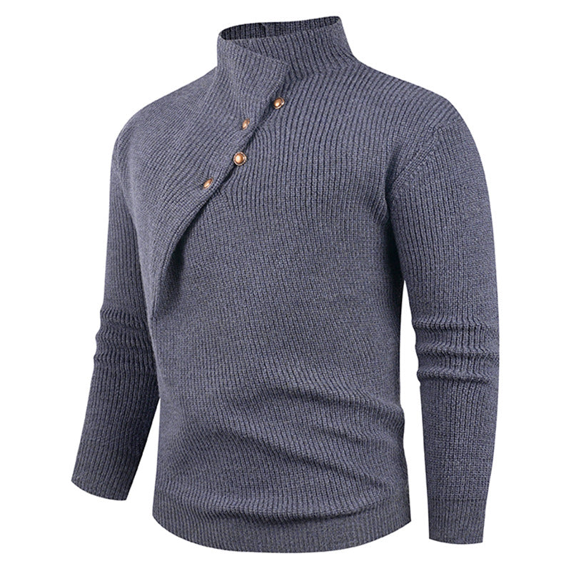 Herren Strickpullover mit asymmetrischem Kragen und dekorativen Holzknöpfen Aliams