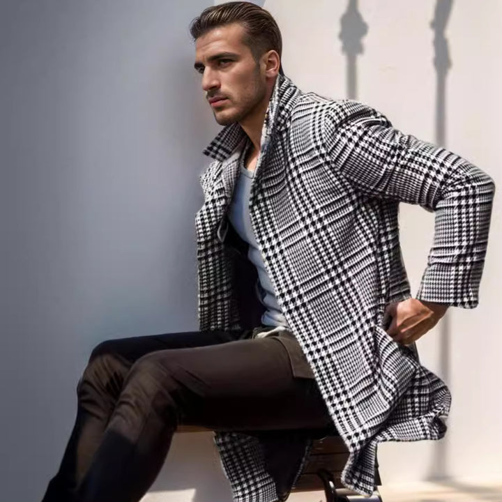 Herren eleganter Karomantel mit großflächigen Taschen und hohem Kragen Aliams