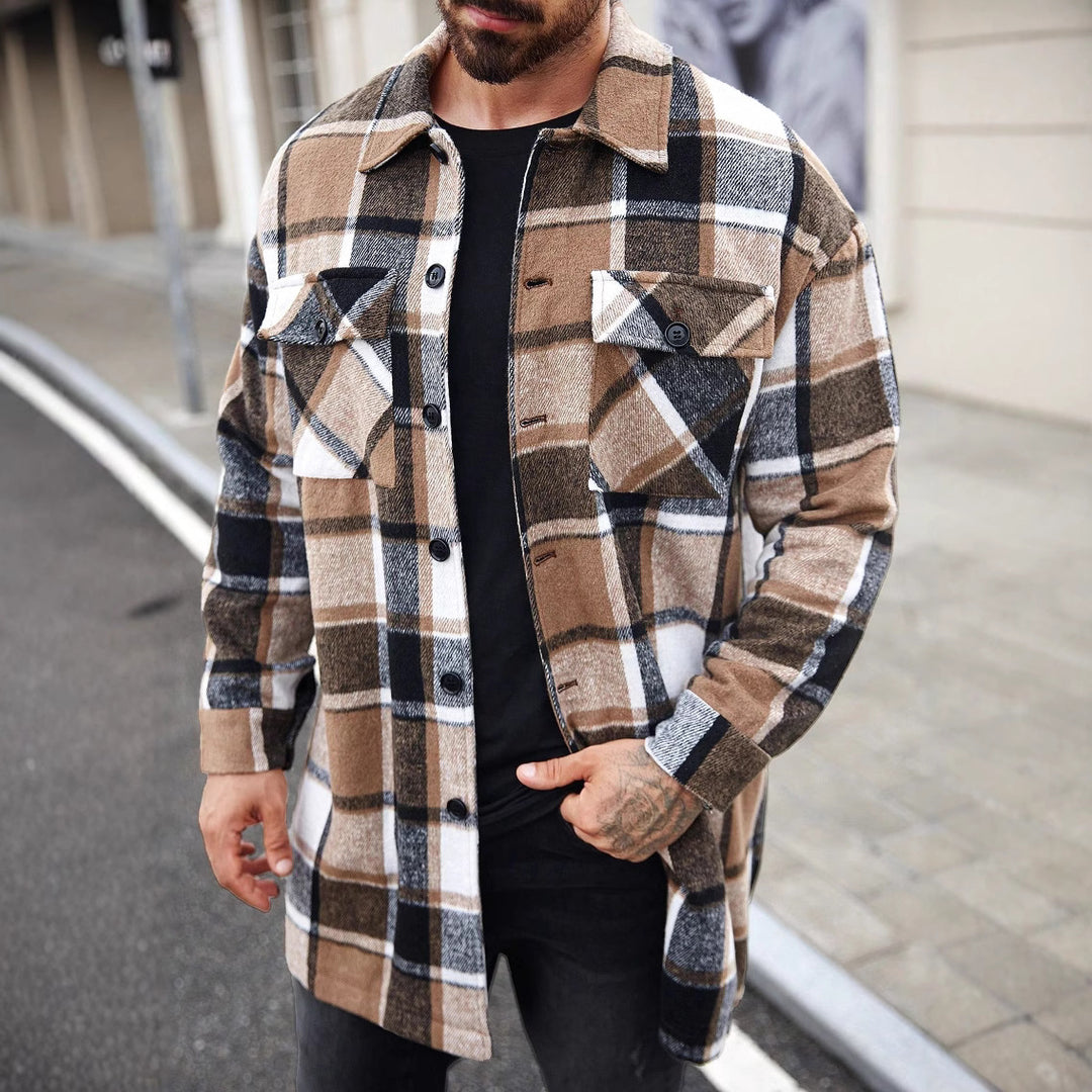 Herren karierte Flanelljacke mit knöpfbaren Taschen und modernem Schnitt Aliams