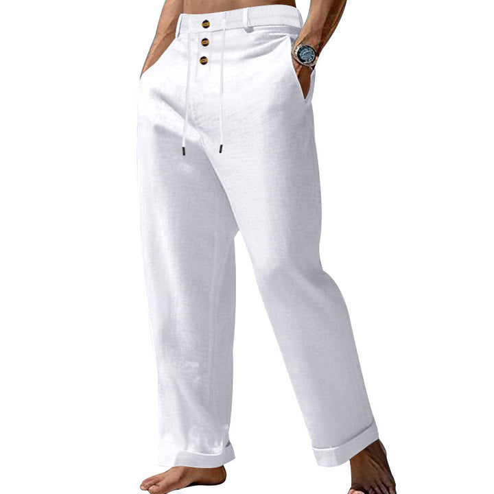 Herren elegante Leinenhose mit verstellbarem Kordelzug und Knopfdetails Aliams