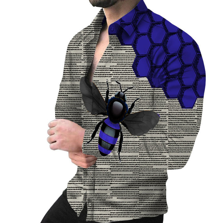 Herren Kreatives Langarmhemd mit künstlerischem Bienenmuster und strukturiertem Design Aliams