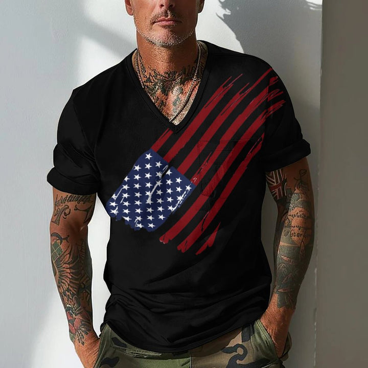 Herren V-Ausschnitt T-Shirt mit kreativem Flaggenmotiv Aliams