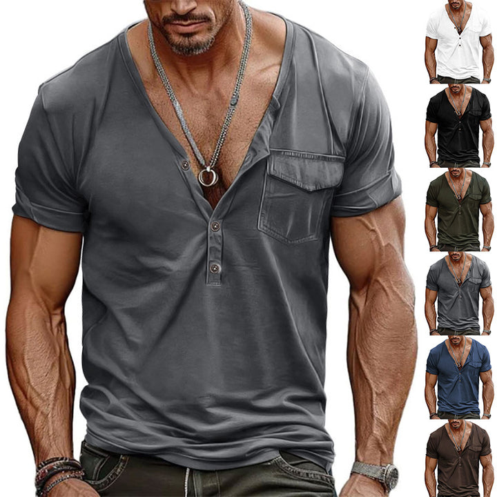 Herren Kurzarm-Henley-T-Shirt mit dekorativer Brusttasche und modernem Schnitt Aliams