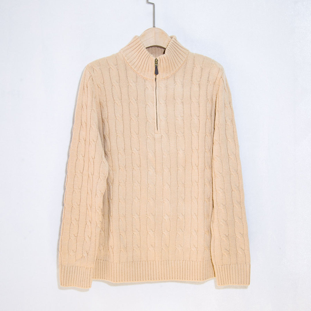 Herren eleganter Strickpullover mit halbem Reißverschluss und Zopfstrickmuster Aliams