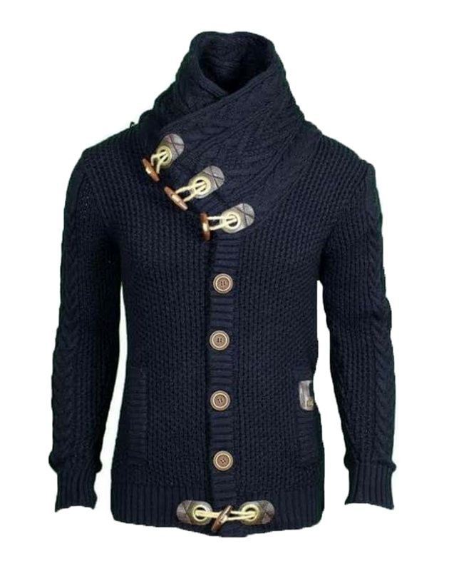 Herren gestrickter Cardigan mit hohem Kragen und modernen Holzknebel Aliams