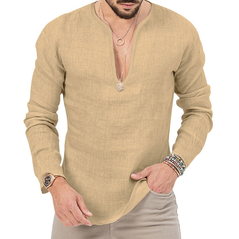 Herren stilvolles Langarm-Henley-Hemd aus atmungsaktivem Leinen Aliams