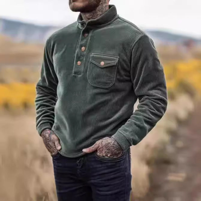 Herren Warmhaltendes Kord-Pullover mit Knopfleiste und Brusttasche Aliams