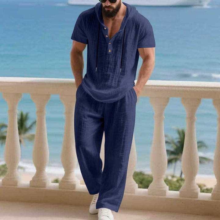 Herren komfortables Freizeit-Set mit modischem Henley-Oberteil und lockeren Hosen Aliams