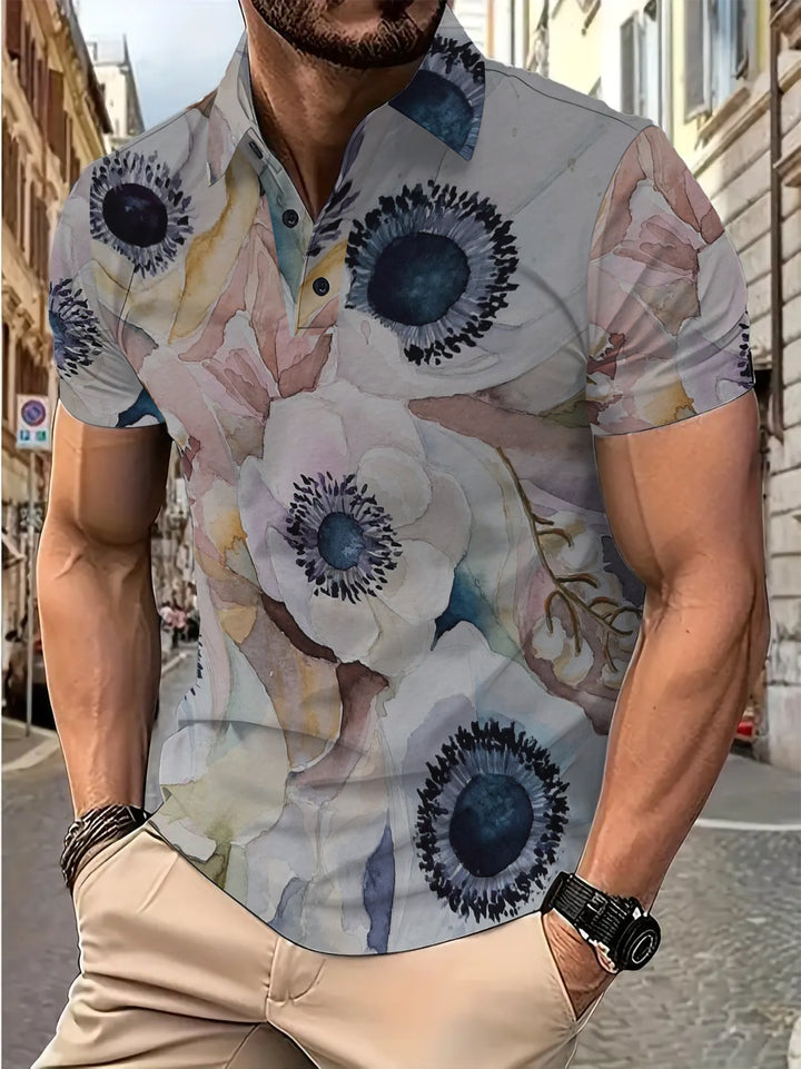 Herren Kurzarm Poloshirt mit floralem Aquarellmuster Aliams