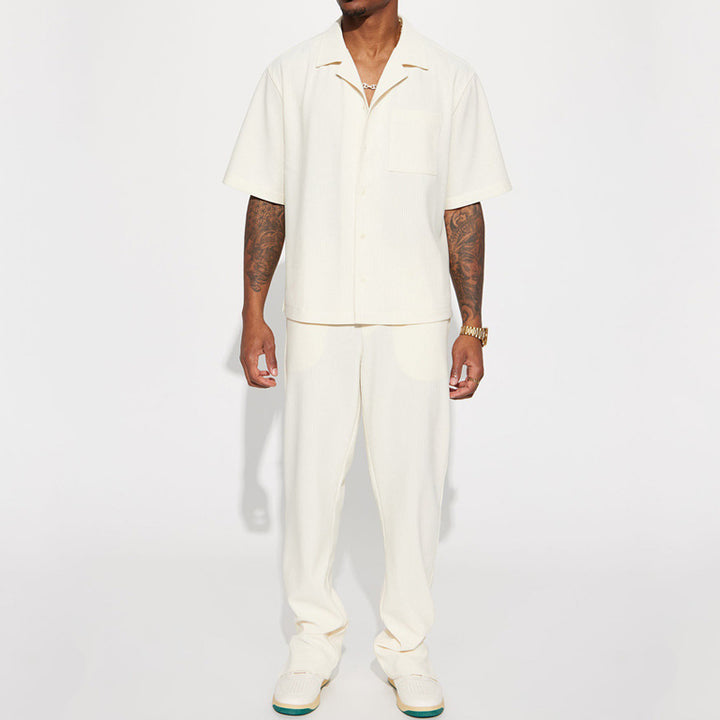 Herren gestreiftes Kurzarmhemd und gemütliche Chinohose Set Aliams