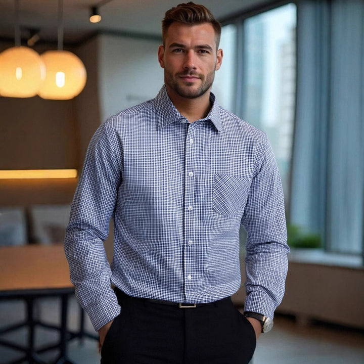 Herren klassisches, kariertes Langarmhemd mit Brusttasche Aliams