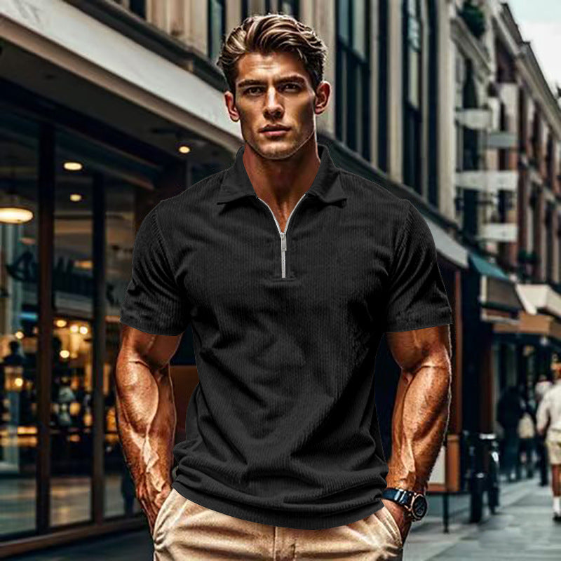 Herren Kurzarm-Polohemd mit modernem Reißverschluss und strukturierter Oberfläche Aliams