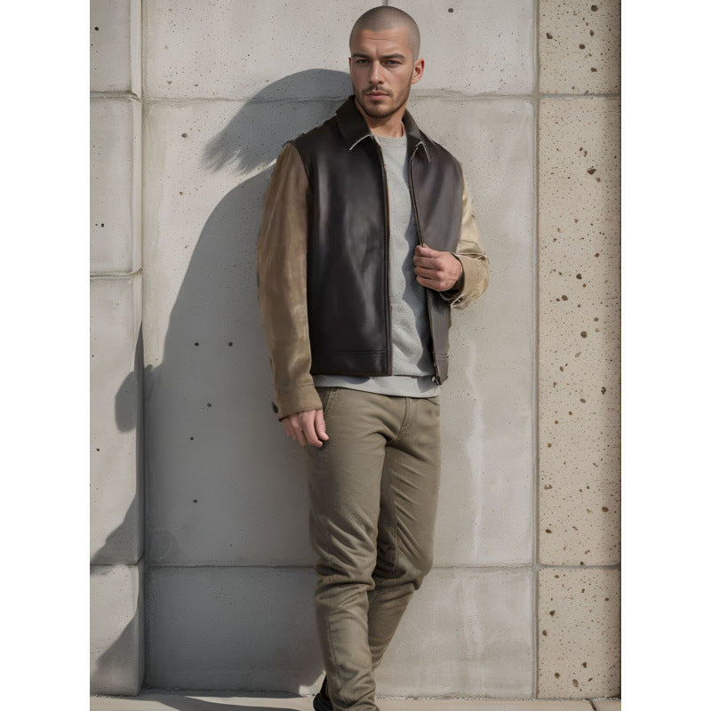 Herren Stilvolle Lederjacke mit Kontrastärmeln Aliams
