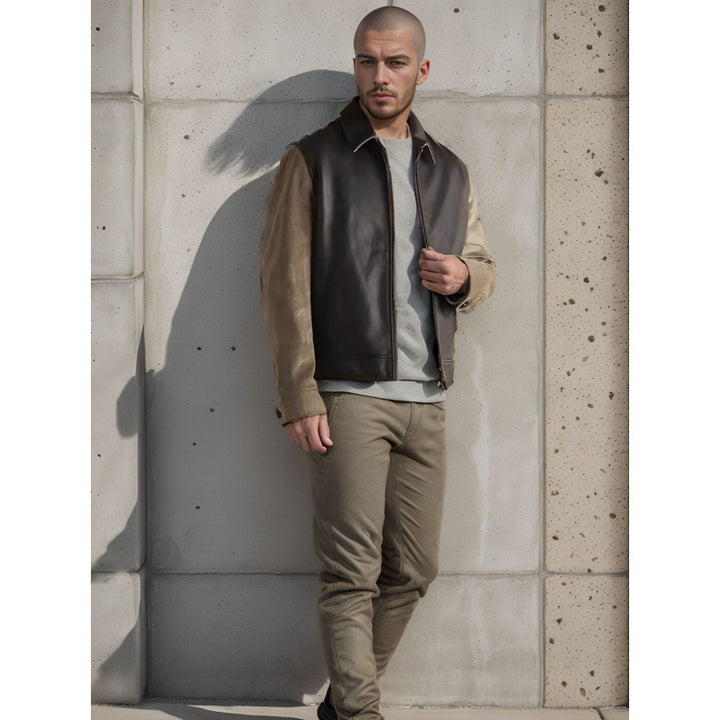 Herren Stilvolle Lederjacke mit Kontrastärmeln Aliams