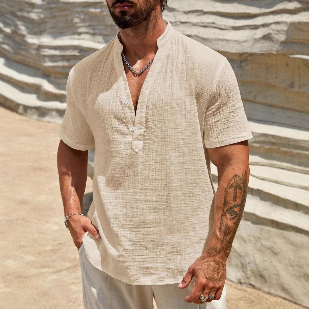 Herren Kurzarm Henley Hemd mit modernem Stehkragen aus leichtem Baumwollmaterial Aliams