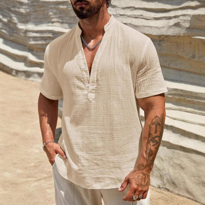 Herren Kurzarm Henley Hemd mit modernem Stehkragen aus leichtem Baumwollmaterial Aliams