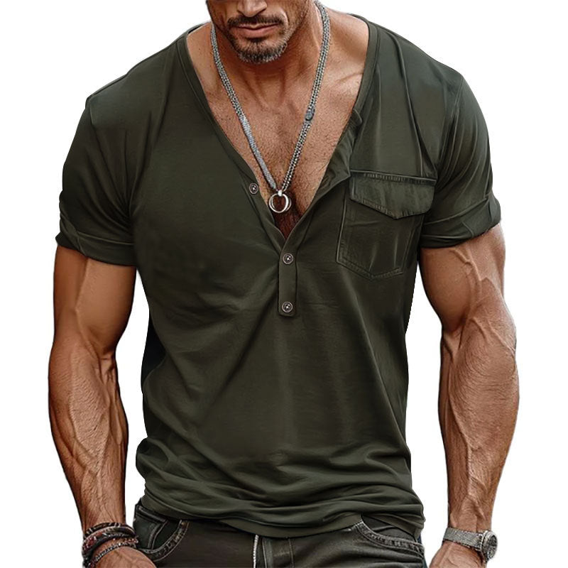 Herren V-Ausschnitt Henley-T-Shirt mit Brusttasche und atmungsaktiver Baumwolle Aliams