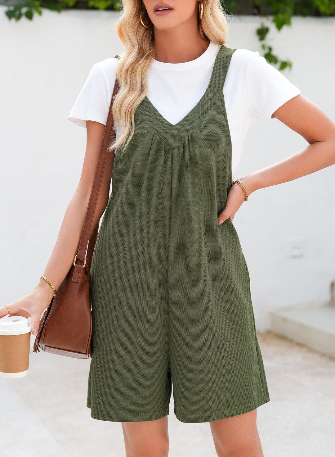 Damen Einteiliger Jumpsuit mit tiefem V-Ausschnitt und praktischen Taschen Aliams
