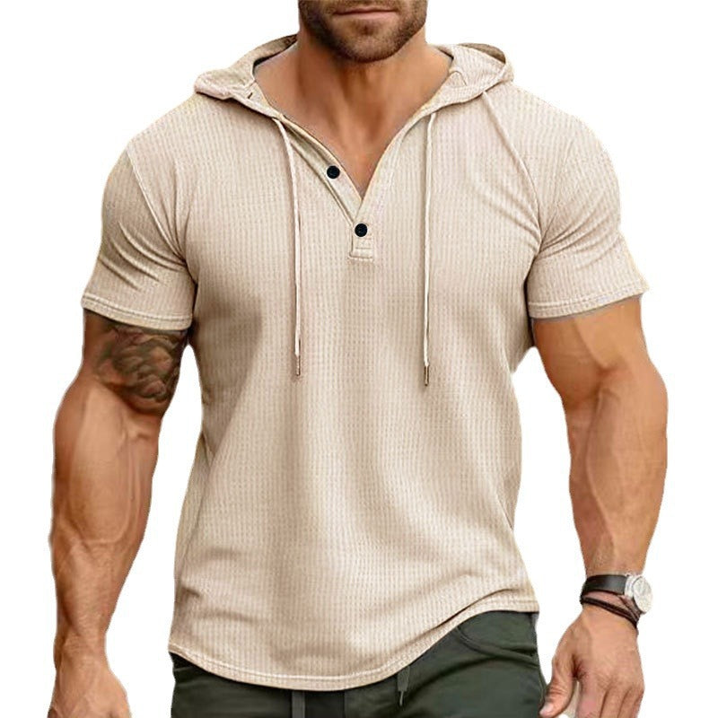 Herren Kurzarm-Hoodie-Shirt mit modischem Henley-Ausschnitt Aliams