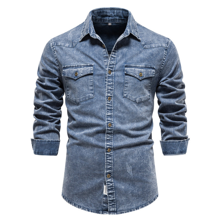 Herren Denim Hemdbluse mit zwei Brusttaschen und geschmackvollen Stickereien Aliams