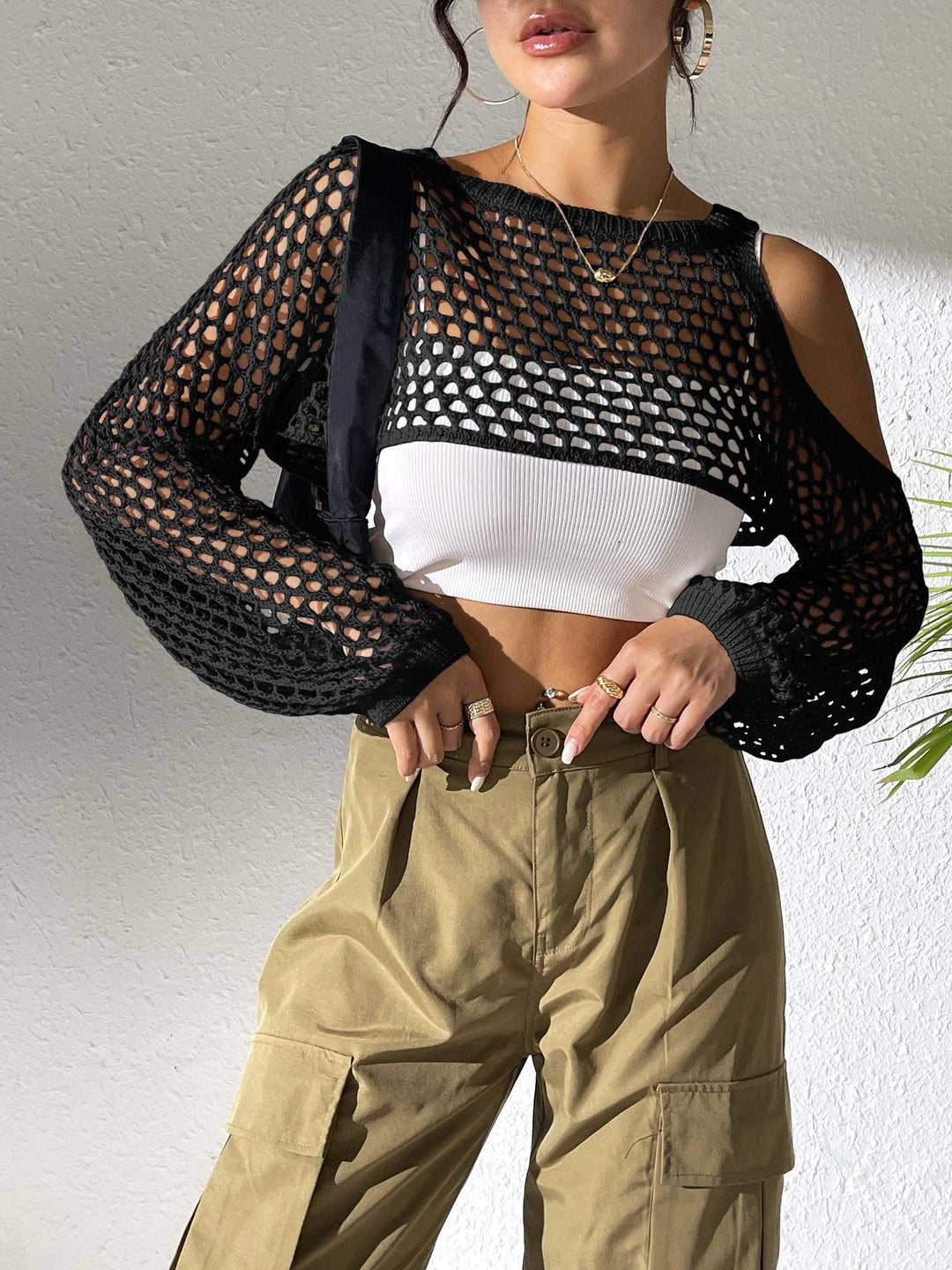 Damen Lässiger Netzpullover mit Offenen Schultern und Weitem Schnitt Aliams