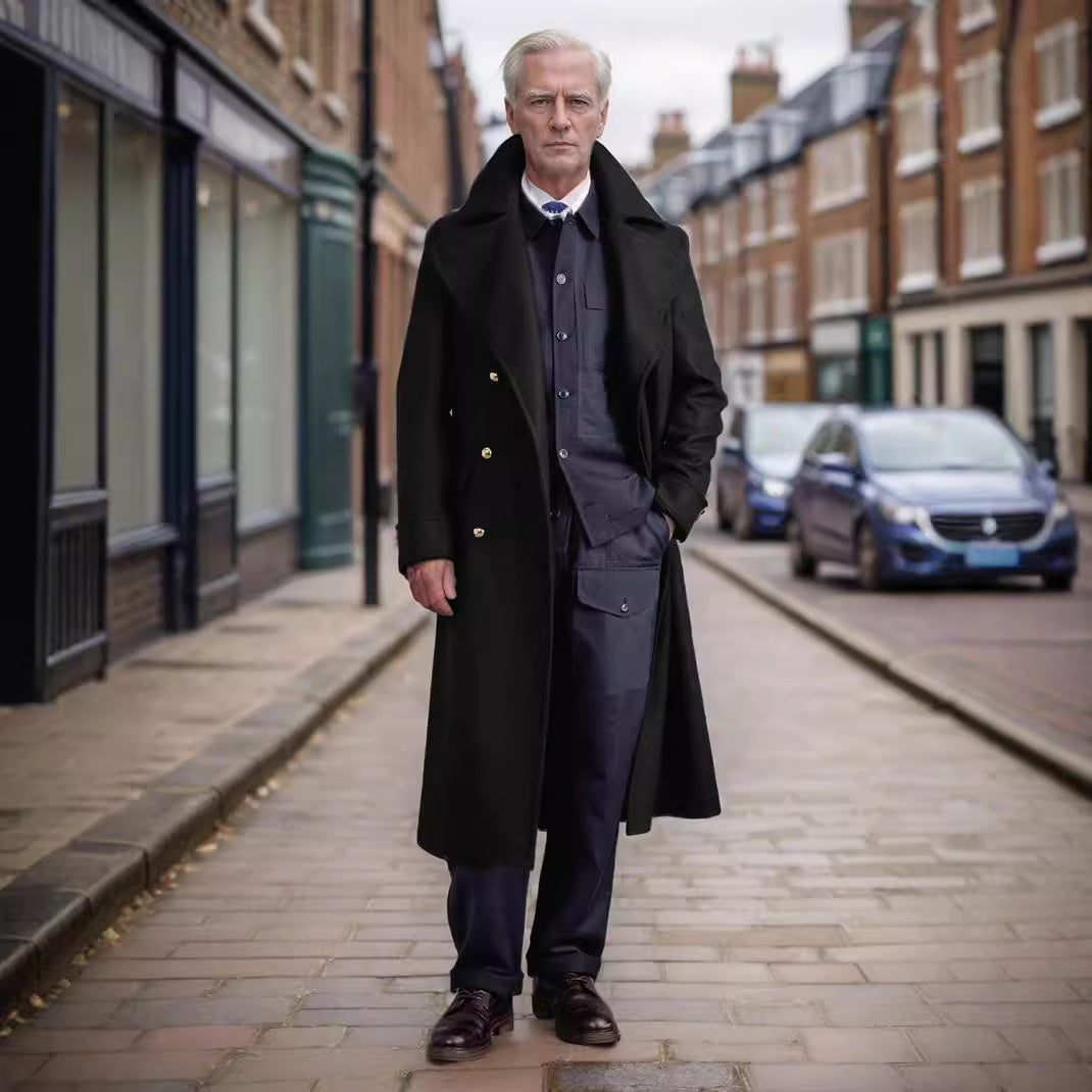 Herren eleganter Langmantel mit doppeltem Knopfverschluss und großem Revers Aliams