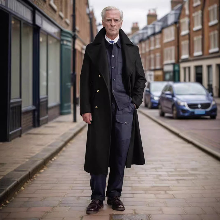 Herren eleganter Langmantel mit doppeltem Knopfverschluss und großem Revers Aliams